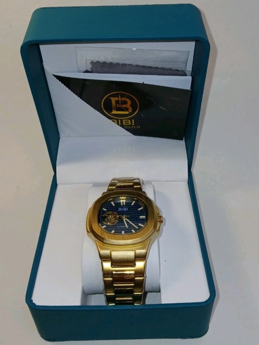 BIBI Men's Gold Automatic Watch Open Heart Blue Dial Stainless Steel Bracelet...